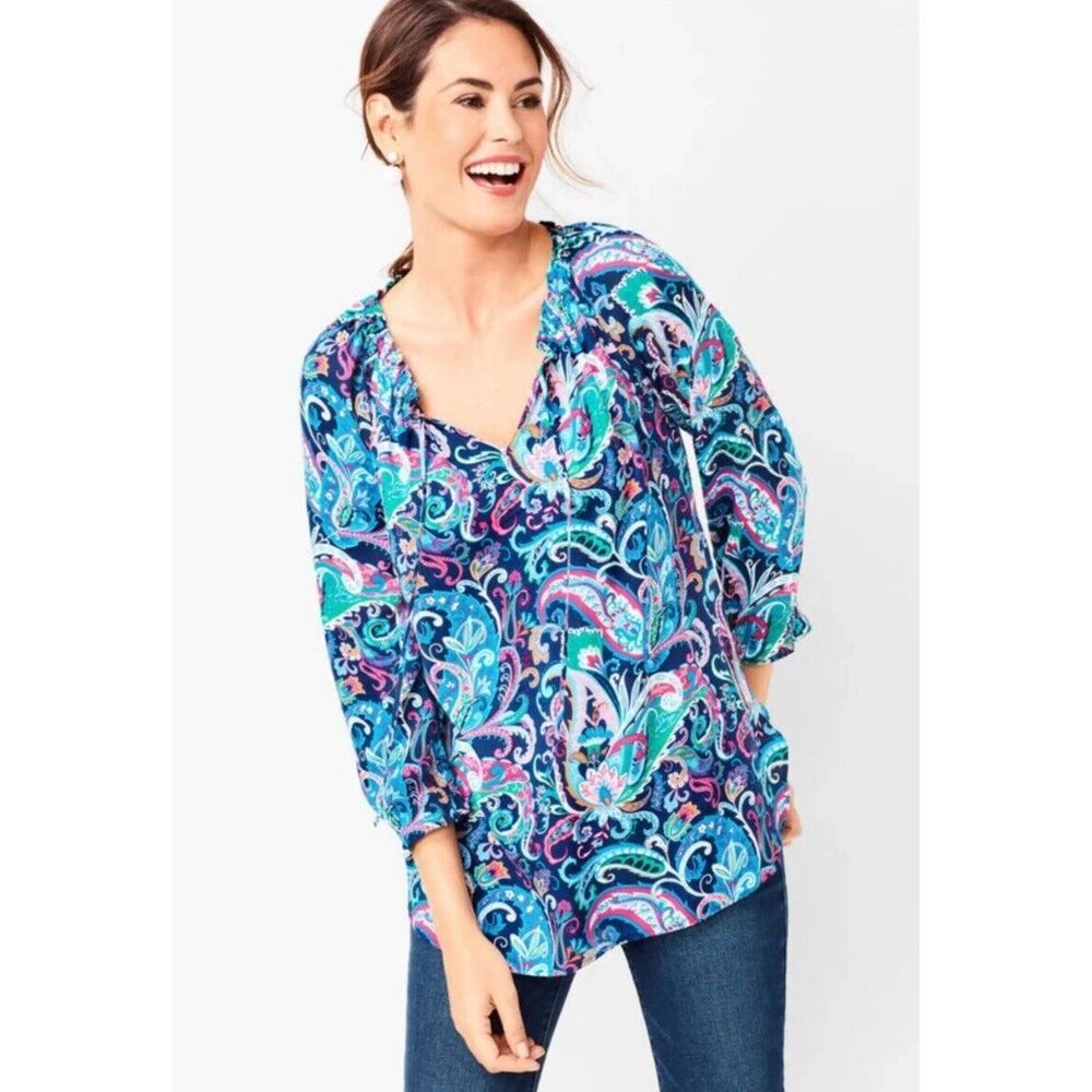 Talbots Paisley Tie-Neck Popover Blouse Size‎ LP Colorful 3/4 Sleeve Ruffle $78